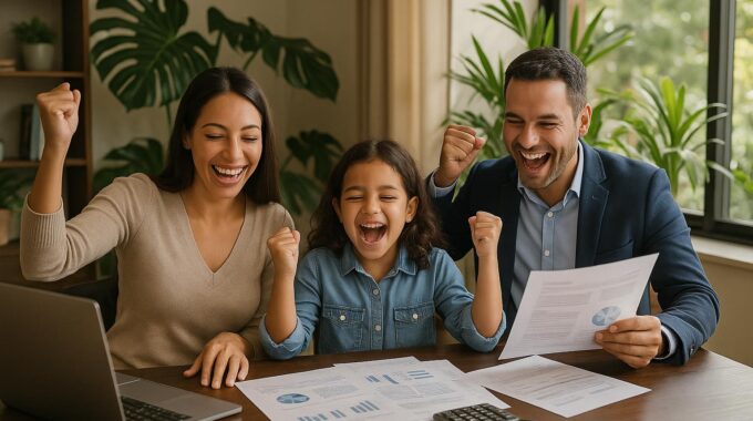 Happy Costa Rican family celebrating financial success while reviewing documents in modern home office with tropical plants