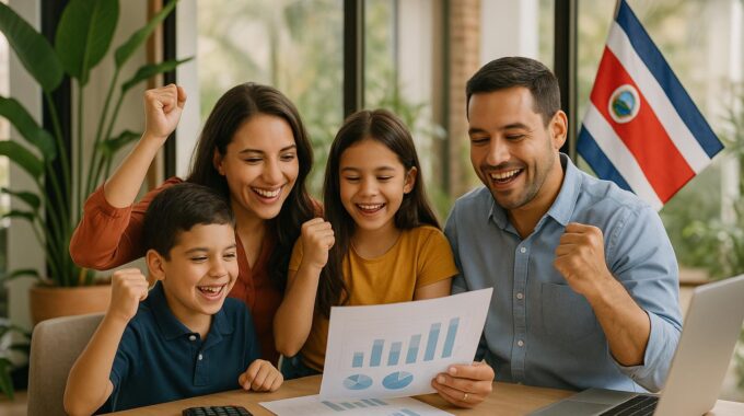 Happy Costa Rican family celebrating financial success while reviewing financial documents together in modern home office with tropical plants and Costa Rican flag