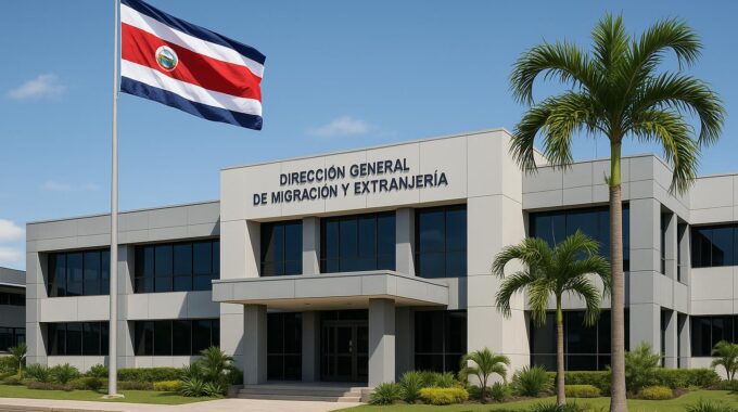 Modern Costa Rican immigration office building (Dirección General de Migración y Extranjería) with Costa Rican flag prominently displayed, professional government building exterior with tropical landscaping