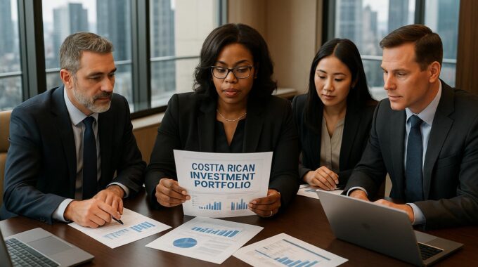 Diverse US fund management executives in modern business meeting reviewing Costa Rican investment portfolio documents on conference table, professional corporate setting with financial charts and laptops