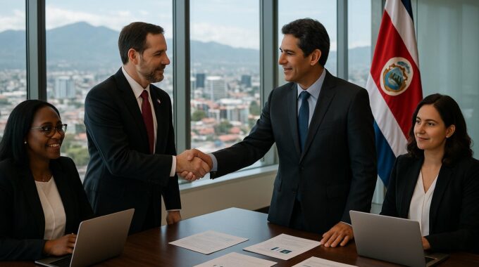 American institutional investors and Costa Rican business partners shaking hands in modern glass office with panoramic view of San Jose Costa Rica skyline and mountains, financial documents and laptops on conference table, Costa Rican flag visible