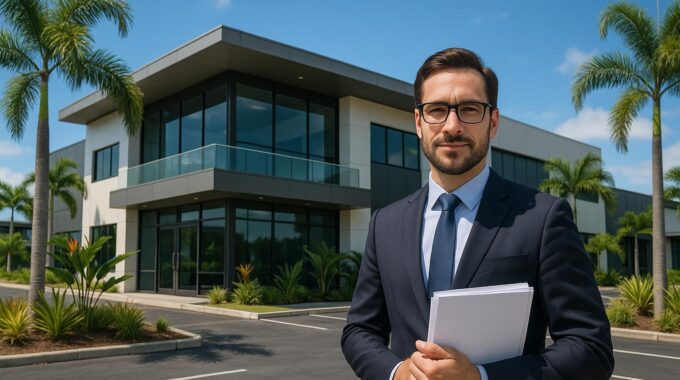 Professional businessman holding documents in front of modern Costa Rican commercial property with tropical landscaping representing real estate asset-based lending opportunities